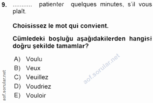 9. soru: patenter quelques minutes, s'il vous plaît. Choisissez le mot qui convient. Cümledeki boşluğu aşağıdakilerden hangisi…