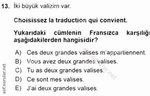 13. soru: İki büyük valizim var. Choisissez la traduction qui convient. Yukarıdaki cümlenin Fransızca karşılığ aşağıdakilerden…