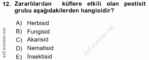 12. soru: Zararlılardan küflere etkili olan pestisit grubu aşağıdakilerden hangisidir? A) Herbisid B) Fungisid C) Akarisid D) N…