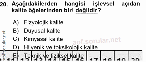 20. soru: Aşağıdakilerden hangisi işlevsel açıdan kalite öğelerinden biri değildir? A) Fizyolojik kalite B) Duyusal kalite orul…