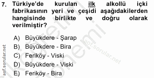 7. soru: Türkiye'de kurulan ilk alkollü içki fabrikasının yeri ve çeşidi aşağıdakilerden hangisinde birlikte ve doğru olarak v…