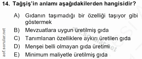 14. soru: Tağşiş'in anlamı aşağıdakilerden hangisidir? A) Gıdanın taşımadığı bir özelliği taşıyor gibi göstermek B) Mevzuatlara…