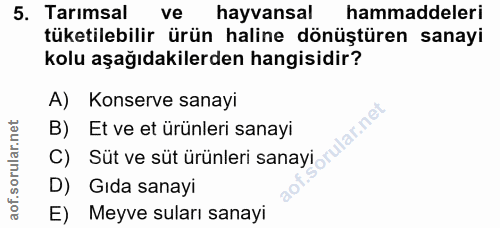 5. soru: Tarımsal ve hayvansal hammaddeleri tüketilebilir ürün haline dönüştüren sanayi kolu aşağıdakilerden hangisidir? A) Ko…