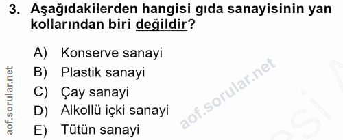 3. soru: Aşağıdakilerden hangisi gıda sanayisinin yan kollarından biri değildir? A) Konserve sanayi B) Plastik sanayi of. C) Ç…