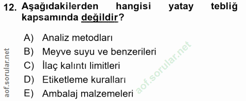 12. soru: Aşağıdakilerden hangisi yatay tebliğ kapsamında değildir? A) Analiz metodları B) Meyve suyu ve benzerileri C) Ilaç ka…