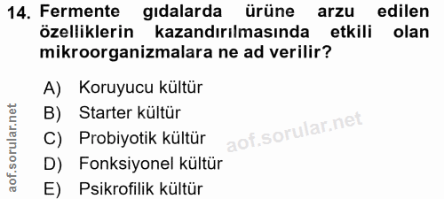 14. soru: Fermente gıdalarda ürüne arzu edilen özelliklerin kazandırılmasında etkili olan mikroorganizmalara ne ad verilir? A)…