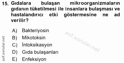 15. soru: Gidalara bulaşan mikroorganizmaların gıdanın tüketilmesi ile insanlara bulaşması ve hastalandırıcı etki göstermesine…