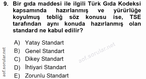9. soru: Bir gıda maddesi ile ilgili Türk Gıda Kodeksi kapsamında hazırlanmış ve yürürlüğe koyulmuş tebliğ söz konusu ise, TSE…