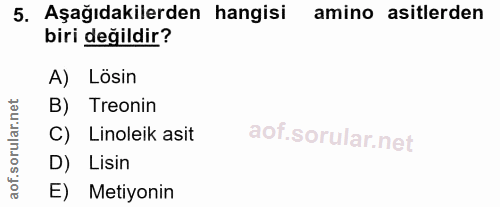 5. soru: Aşağıdakilerden hangisi amino asitlerden biri değildir? A) Lösin orular.net B) Treonin C) Linoleik asit D) Lisin aof.…