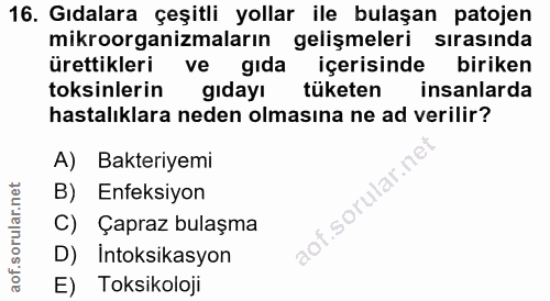 16. soru: Gıdalara çeşitli yollar ile bulaşan patojen mikroorganizmaların gelişmeleri sırasında ürettikleri ve gida içerisinde…