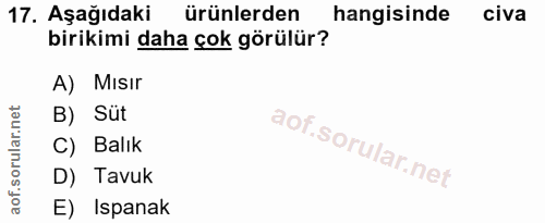17. soru: Aşağıdaki ürünlerden hangisinde civa birikimi daha çok görülür? A) Mısir B) Süt C) Balık D) Tavuk E) Ispanak
