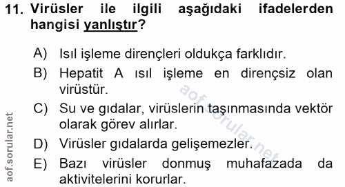 11. soru: Virüsler ile ilgili aşağıdaki ifadelerden hangisi yanlıştır? A) Isıl işleme dirençleri oldukça farklıdır. B) Hepatit…