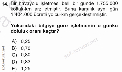 14. soru: Bir havayolu işletmesi belli bir günde 1.755.000 koltuk-km arz etmiştir. Buna karşılık aynı gün 1.404.000 ücretli yol…