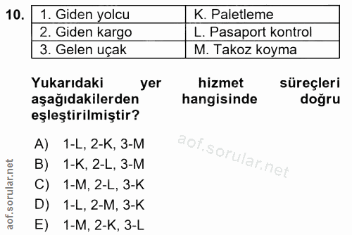 10. soru: 1. Giden yolcu K. Paletleme 2. Giden kargo L. Pasaport kontrol 3. Gelen uçak M. Takoz koyma Yukarıdaki yer hizmet sür…