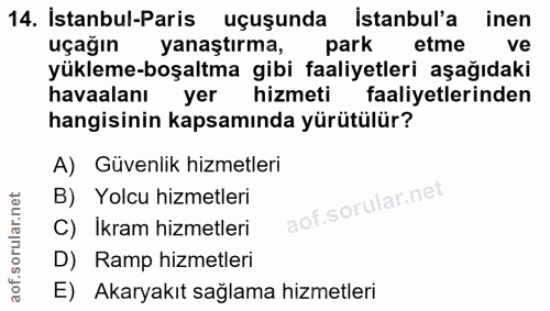 14. soru: İstanbul-Paris uçuşunda istanbul'a inen uçağın yanaştırma, park etme ve yükleme-boşaltma gibi faaliyetleri aşağıdaki…
