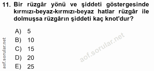 11. soru: Bir rüzgâr yönü ve şiddeti göstergesinde kırmızı-beyaz-kırmızı-beyaz hatlar rüzgâr ile dolmuşsa rüzgârın şiddeti kaç…