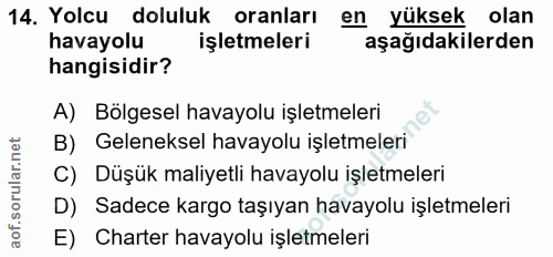 14. soru: Yolcu doluluk oranları en yüksek olan havayolu işletmeleri aşağıdakilerden hangisidir? A) Bölgesel havayolu işletmele…