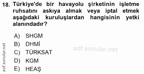 18. soru: Türkiye'de bir havayolu şirketinin işletme ruhsatını askıya almak veya iptal etmek aşağıdaki kuruluşlardan hangisinin…