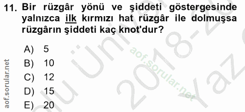 11. soru: Bir rüzgâr yönü ve şiddeti göstergesinde yalnızca ilk kırmızı hat rüzgâr ile dolmuşsa rüzgârın şiddeti kaç knot'dur?…