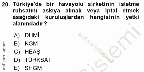 20. soru: Türkiye'de bir havayolu şirketinin işletme ruhsatını askıya almak veya iptal etmek aşağıdaki kuruluşlardan hangisinin…