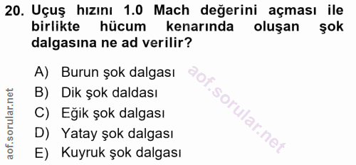 20. soru: Uçuş hızını 1.0 Mach değerini açması ile birlikte hücum kenarında oluşan şok dalgasına ne ad verilir? A) Burun şok da…