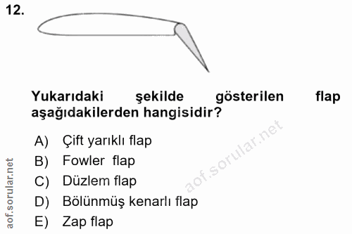 12. soru: Yukarıdaki şekilde gösterilen flap aşağıdakilerden hangisidir? A) Çift yarıklı flap sorular B) Fowler flap C) Düzlem…