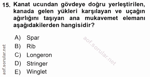 15. soru: Kanat ucundan gövdeye doğru yerleştirilen, kanada gelen yükleri karşılayan ve uçağın ağırlığını taşıyan ana mukavemet…