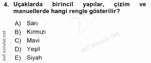 4. soru: Uçaklarda birincil yapılar, çİzim ve manuellerde hangi rengle gösterilir? A) Sarı B) Kırmızı C) Mavi D) Yeşil E) Siyah
