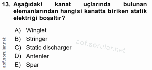 13. soru: Aşağıdaki kanat uçlarında bulunan elemanlarından hangisi kanatta biriken statik elektriği boşaltır? A) Winglet B) Str…