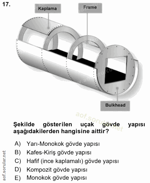 17. soru: Frame Kaplama Bulkhead a0f.so Şekilde gösterilen uçak gövde yapısı aşağıdakilerden hangisine aittir? A) Yarı-Monokok…