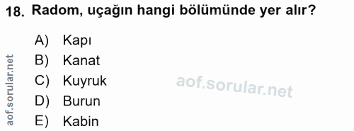 18. soru: Radom, uçağın hangi bölümünde yer alır? A) Kapı B) Kanat C) Kuyruk D) Burun E) Kabin