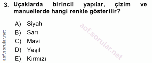 3. soru: Uçaklarda birincil yapılar, şizim ve manuellerde hangi renkle gösterilir? A) Siyah B) Sarı C) Mavi lof. | D) Yeşil E)…
