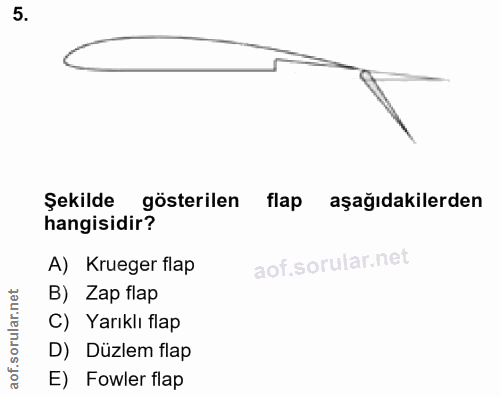5. soru: Şekilde gösterilen flap aşağıdakilerden hangisidir? A) Krueger flap B) Zap flap C) Yarıklı flap D) Düzlem flap of. E)…