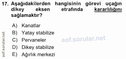 17. soru: Aşağıdakilerden hangisinin görevi uçağın dikey eksen etrafında kararlılığını sağlamaktır? A) Kanatlar B) Yatay stabil…