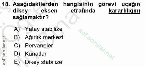 18. soru: Aşağıdakilerden hangisinin görevi uçağın dikey eksen etrafinda kararlılığını sağlamaktır? A) Yatay stabilize B) Ağırl…