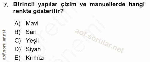 7. soru: Birincil yapılar çizim ve manuellerde hangi renkte gösterilir? A) Mavi B) Sarı C) Yeşil D) Siyah E) Kırmızı