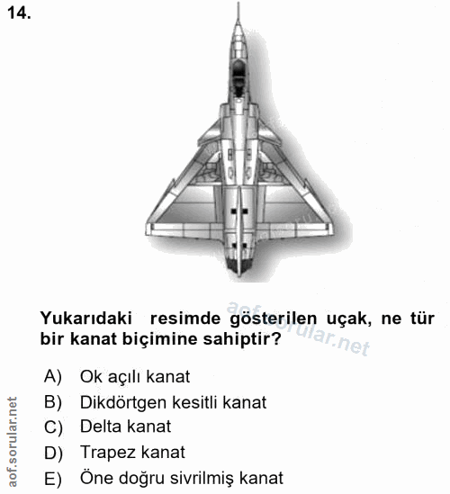 14. soru: Yukarıdaki resimde gösterilen uçak, ne tür bir kanat biçimine sahiptir? A) Ok açılı kanat B) Dikdörtgen kesitli kanat…