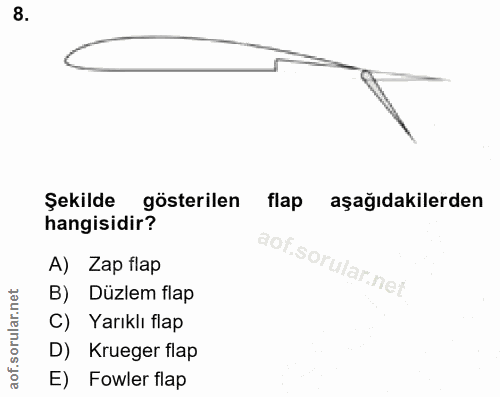 8. soru: Şekilde gösterilen flap aşağıdakilerden hangisidir? A) Zap flap rular.net B) Düzlem flap C) Yarıklı flap D) Krueger f…