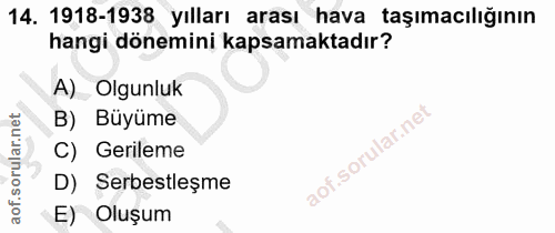 14. soru: 1918-1938 yılları arası hava taşımacılığının hangi dönemini kapsamaktadır? A) Olgunluk B) Büyüme Gerileme aof.sorul:…