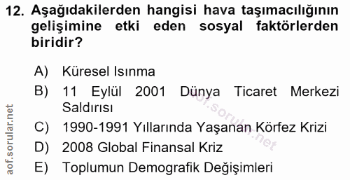 12. soru: Aşağıdakilerden hangisi hava taşımacılığının gelişimine etki eden sosyal faktörlerden biridir? A) Küresel Isınma B) 1…