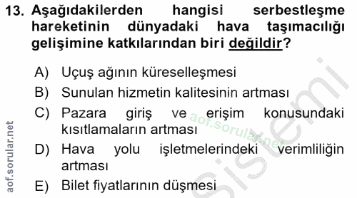 13. soru: Aşağıdakilerden hangisi serbestleşme hareketinin dünyadaki hava taşımacılığı gelişimine katkılarından biri değildir?…