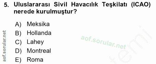 5. soru: Uluslararası Sivil Havacılık Teşkilatı (ICAO) nerede kurulmuştur? A) Meksika B) Hollanda Lahey D) Montreal E) Roma