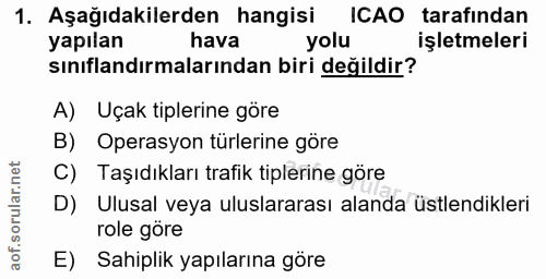 1. soru: Aşağıdakilerden hangisi ICAO tarafından yapılan hava yolu işletmeleri sınıflandırmalarından biri değildir? A) Uçak ti…