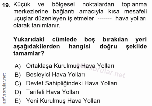 19. soru: Küçük ve bölgesel noktalardan toplanma merkezlerine bağlantı amacıyla kısa mesafeli uçuşlar düzenleyen işletmeler ---…