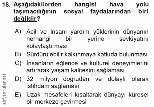 18. soru: Aşağıdakilerden hangisi hava yolu taşımacılığının sosyal faydalarından biri değildir? A) Acil ve insani yardım yükler…