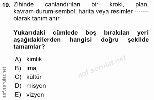 19. soru: Zihinde canlandırılan bir kroki, plan, kavram-durum-sembol, harita veya resimler ---- olarak tanımlanır Yukarıdaki cü…