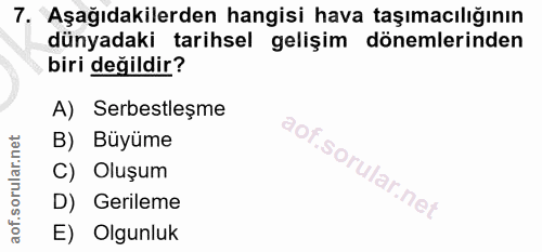 7. soru: Aşağıdakilerden hangisi hava taşımacılığının dünyadaki tarihsel gelişim dönemlerinden biri değildir? A) Serbestleşme…