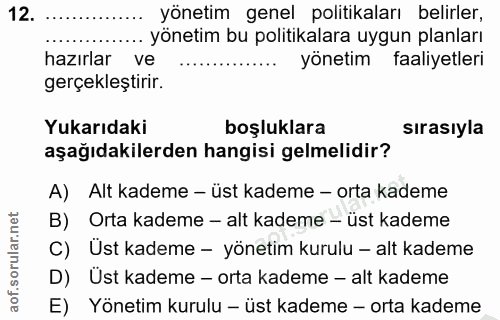 12. soru: yönetim genel politikaları belirler, ... yönetim bu politikalara uygun planları hazırlar ve yönetim faaliyetleri gerç…