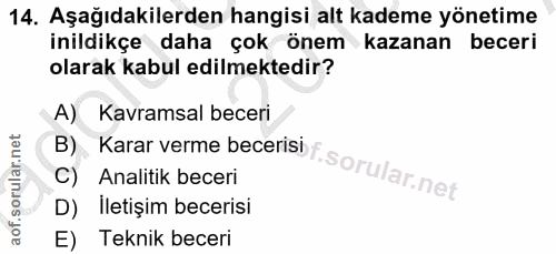 14. soru: Aşağıdakilerden hangisi alt kademe yönetime inildikçe daha çok önem kazanan beceri olarak kabul edilmektedir? B) Kara…