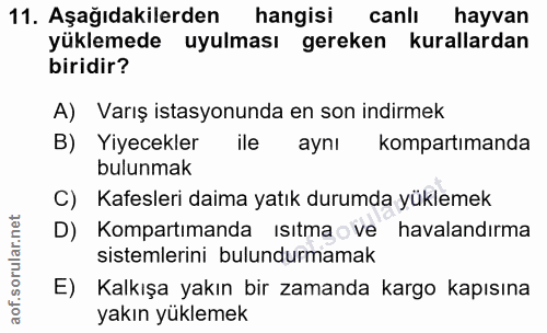 11. soru: Aşağıdakilerden hangisi canlı hayvan yüklemede uyulması gereken kurallardan biridir? A) Varış istasyonunda en son ind…